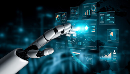Obraz premium AI brain processes big data with generative AI, LLMs, and machine learning to support business decisions, prompt engineering, and future agentic artificial intelligence systems. spline