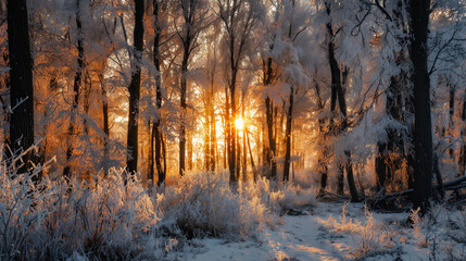 Winter solstice sunrise over snowy forest, golden light illuminating frosted trees