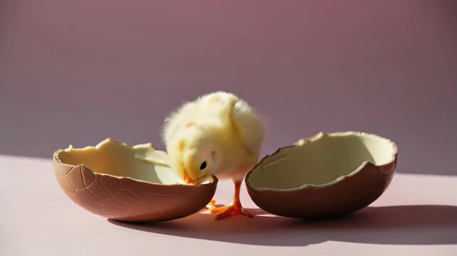 Close up video of a newborn chick hatching and exploring eggshells in soft light