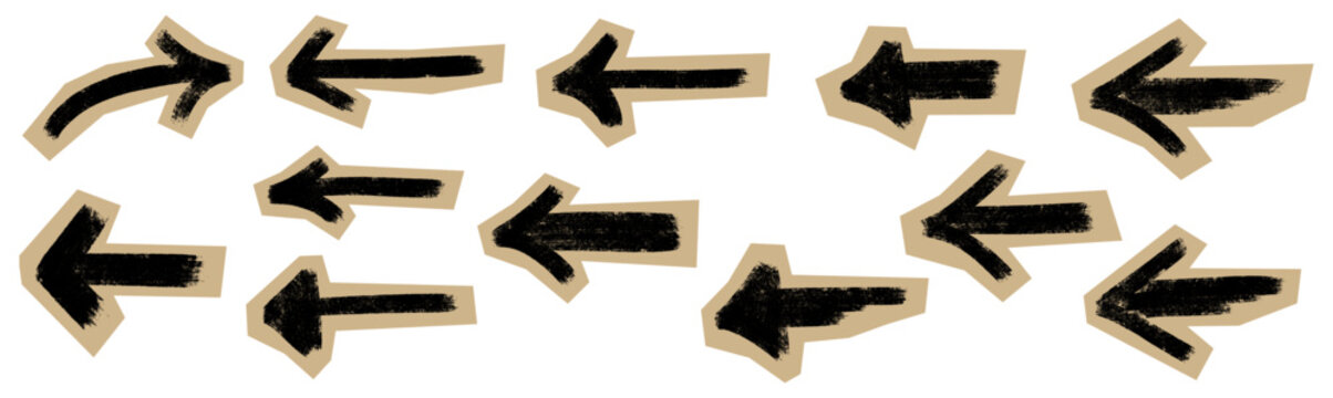 Wide hand drawn grunge arrows with chalk and crayon texture. Rough bold shapes for scrapbook pages, planners, notes, journals and social layouts. Expressive scribble style DIY vector elements isolated