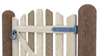 Wooden garden gate with ring handle and black metal hinge