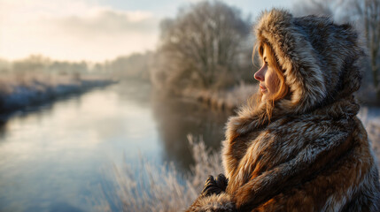 Woman in eco-fur standing on a bridge overlooking a winter river, serene scene