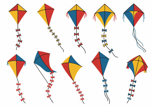 Collection of colorful cartoon kites vector illustration set featuring diamond shapes and long ribbon tails, isolated on white background.