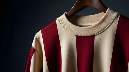 Red and cream striped sweater hanging on wooden hanger against dark background.
