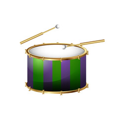 Colorful Drum Illustration with Green and Purple Stripes and Golden Drumsticks for Element Design