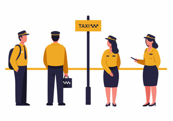 Male and female taxi service staff illustration in uniform standing near a taxi stand sign, ready for transportation business. © Sabrina
