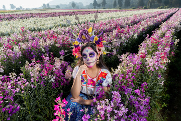 Mexican catrina, posing in the middle of a field of lilies