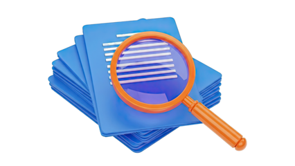 Magnifying Glass Over Stack of Blue Folders with Documents