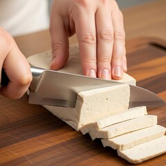 Slicing Tofu Freshly on a Wooden Board for Culinary Creations at Home