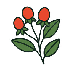 Minimalist Botanical Illustration with Red Berries and Green Leaves &ndash; Nature Clipart Vector