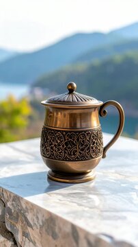 Ornate bronze lidded vessel sits on a marble table, with mountain and lake views in soft focus in background under bright daylight