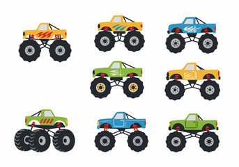 Vector illustration set of colorful monster trucks on oversized wheels, including yellow, blue, and green designs, isolated on white background. © Sabrina