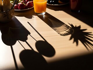 Sunlit breakfast scene featuring fresh juice, fruit, and striking shadows