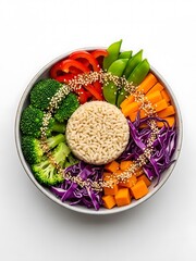 Vibrant vegan buddha bowl with rice and assorted fresh vegetables