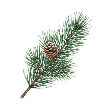 meticulously detailed watercolor illustration of a scots pine branch with emerald green needles and snow, flat lay on a smooth transparent surface, concept of elegant winter holidays