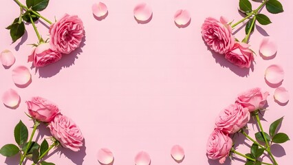 Valentine's Day: Pink Roses Frame With Petals on Pastel Background