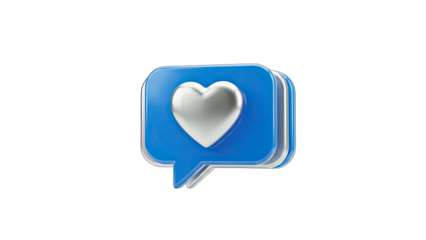 3D blue speech bubble with silver heart icon on transparent background