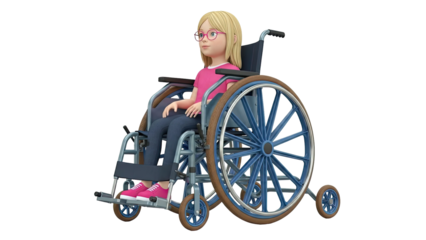 3D render of a young girl with blonde hair and glasses in a wheelchair