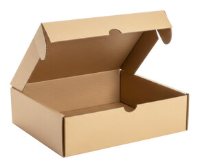 Open Cardboard Packaging Box with Lid Isolated on Transparent Background
