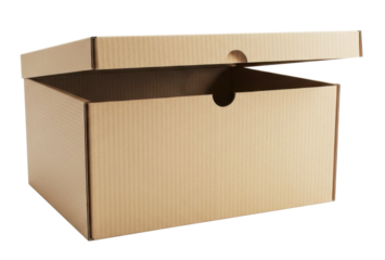 Open Cardboard Packaging Box with Lid Isolated on Transparent Background