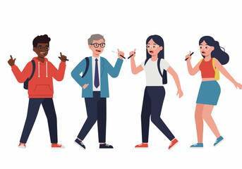 Fototapeta premium Diverse group of students and a male professor discussing, holding pens and gesturing. Flat vector illustration representing education and communication.