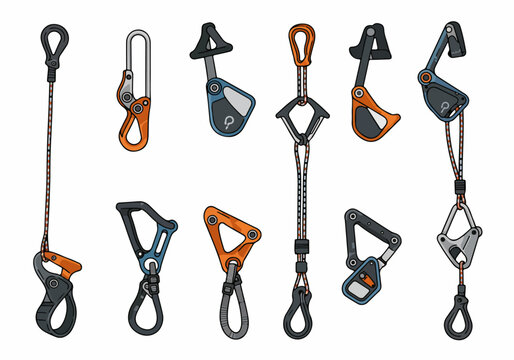 Vector set of modern rock climbing and safety equipment, featuring mechanical ascenders, descenders, and protection cams, isolated on white.