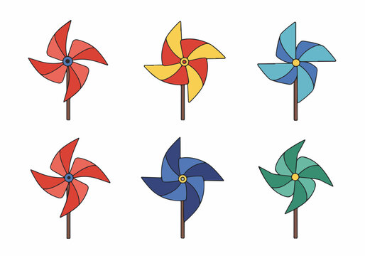 Six colorful pinwheels vector illustration set. Hand-drawn collection of paper windmills in various bright colors for summer, fun, and childish designs, isolated on white.