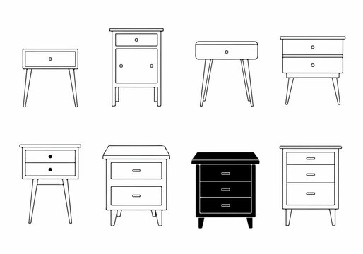 A collection of bedside table and nightstand vector icons, featuring various modern and vintage furniture designs in line art and silhouette styles.