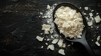 Dried coconut flakes in black spoon on dark textured surface. Food photography