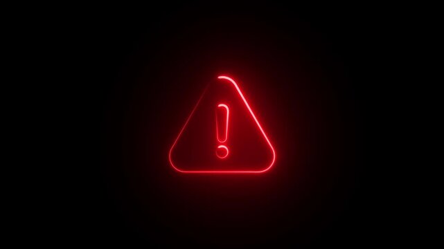 Glowing Red Warning Sign Exclamation Mark Neon Symbol on Black Background danger alert caution