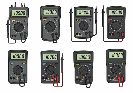 Collection of eight digital multimeter illustrations, electronic measurement tools vector set for voltage, current, and resistance testing.
