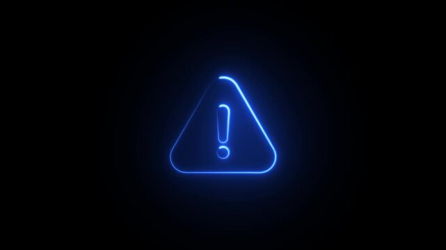 Blue Neon Warning Sign with Exclamation Mark on Dark Background caution