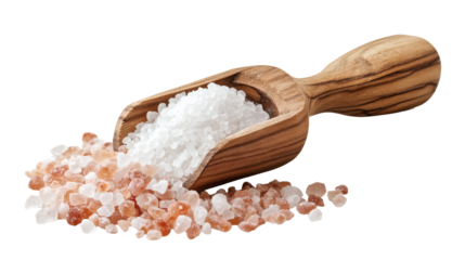 Himalayan pink and white salt crystals spilled from a wooden scoop, perfect for gourmet food, wellness, and home decor concepts