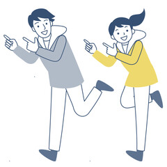 笑顔で指差す若い女性と男性