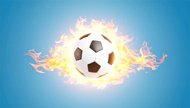 Soccer ball on fire flying through the air. Powerful and energetic flaming football for sports emblem and background.