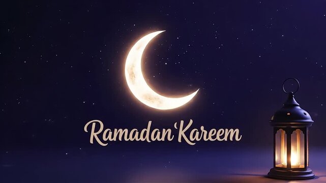 Ramadan Kareem greeting with crescent moon and lantern on a dark blue background, islamic motion graphic