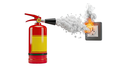 Fire extinguisher combating electrical outlet fire with foam
