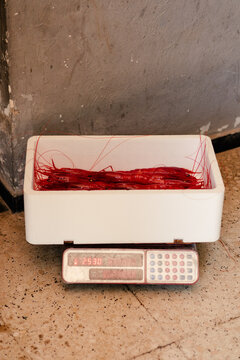 A scale with a box of carabinero shrimp from La Santa, Lanzarote