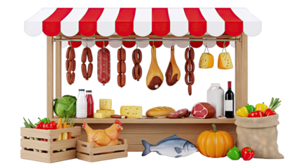 Butcher and Produce Stall with Meats, Cheeses, and Fresh Vegetables