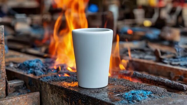 Side view of a ceramic crucible in a forge environment emphasizing its thermal insulation properties and resistance to thermal shock in industrial applications.