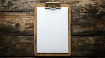 Blank Clipboard on Wooden Tabletop, Ready for Notes, Business, Office Supplies