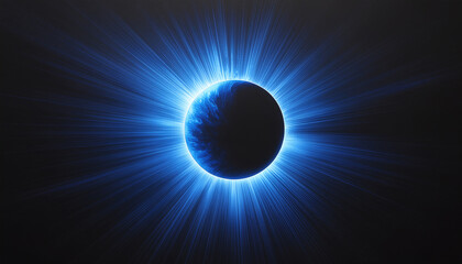 A dark celestial body with a brilliant blue glowing corona and radial light rays in deep space.