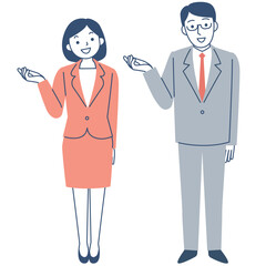 スーツを着て案内する若い女性と男性