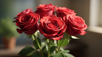 Vibrant Red Roses Bouquet with Soft Background and Gentle Lighting