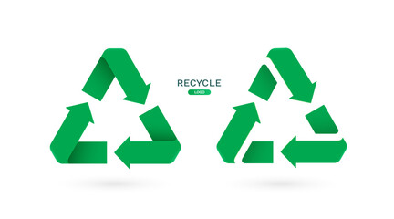 Two green recycled logo designs in front view to promote waste separation campaigns on world Recycling day, vector 3d illustration isolated on white background for advertising design
