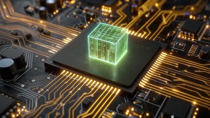 A glowing green cube with binary code patterns sits atop a complex black computer processor on a circuit board. - Powered by Adobe