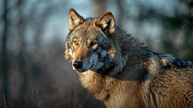 Close-up and detailed profile shots of a wild gray wolf in natural forest habitat