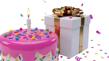 Birthday Cake and Gift with Confetti