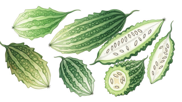 Detailed illustration of various green bitter melon fruits and leaves displayed on a clean white background from a straightforward viewpoint showcasing the texture and details