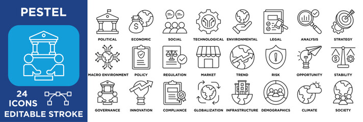 PESTEL icon collection set. Containing political, economic, social, technological, environmental, and legal analysis factors for strategy planning. outline vector 